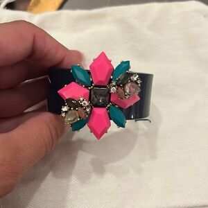 J. Crew Black Acrylic Cuff Bracelet Encrusted with Colorful Rhinestones